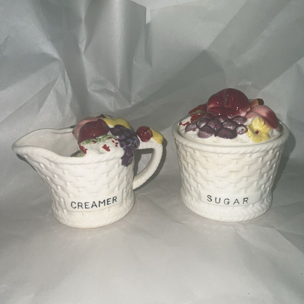 Vintage Japanese Majolica Hand Painted  Fruit Sugar Bowl and Creamer Basketweave